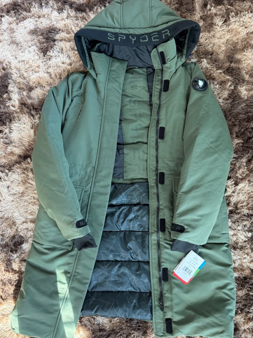 Spyder Olive Green Long Puffer Coat with Hood